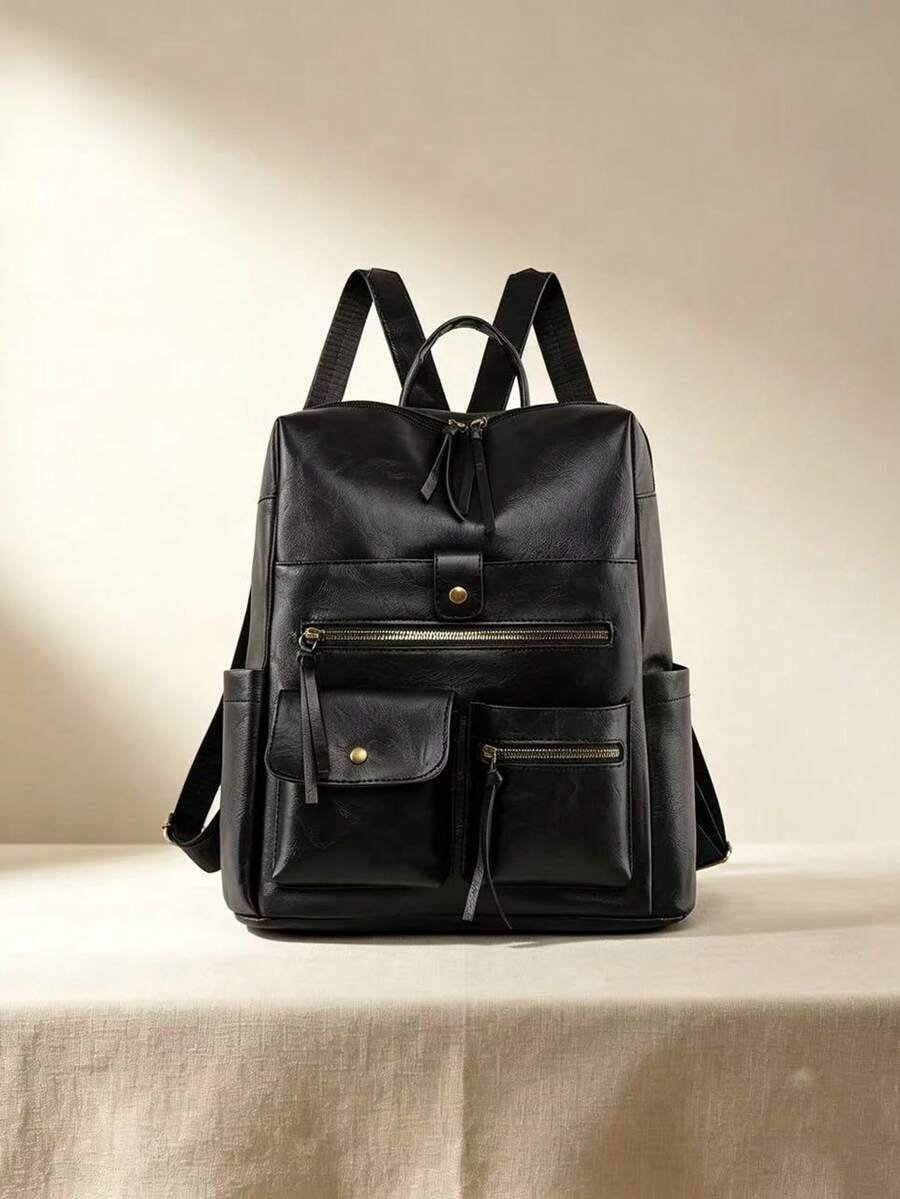 Men's Vintage Leather Backpack, Casual Business Rucksack With Multiple Zipper Pockets, Classic Travel School Bag For Men - Black - View 1