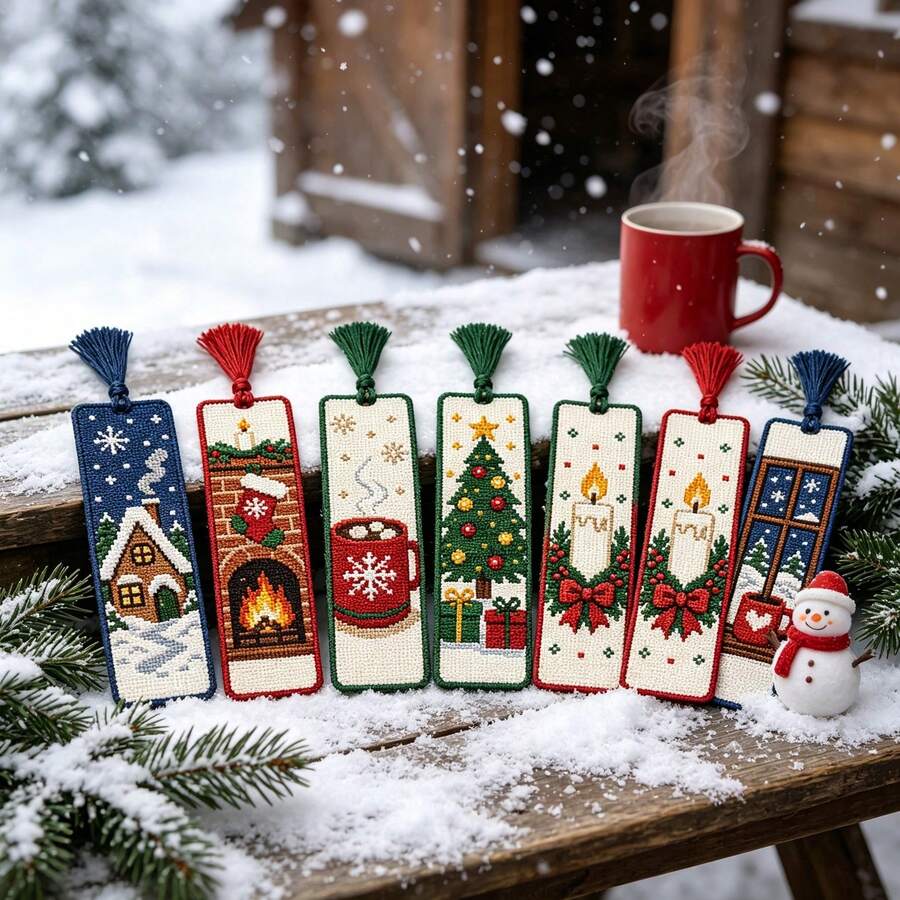 6pcs Christmas Theme Cross Stitch Bookmark Set, DIY Christmas Bookmark Kit, Medium Grid 3-Strand Embroidery Thread, Christmas Tree, Bell And Fireplace Patterns, Includes Needle, Thread, Instructions, Threader And Threading Tool Kit - Multicolor - View 1