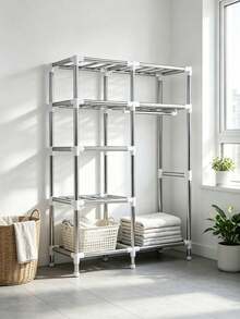 Off-White Striped Simple Fabric Wardrobe, Compatible With Plastic Hangers, Side Mesh Pocket, Metal Frame With Foot Pads, For Bedroom Clothes Storage, Dustproof & Bedroom Organization - Multicolor - View 8