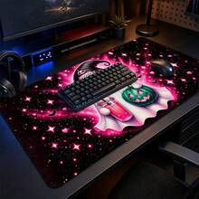 1pc Pink Halloween Ghost Witch Hat & Pumpkin Print Extended Mouse Pad, Shiny Galaxy Bat Keyboard Desk Mat, Cute Gothic Style Desktop Decor - View 2