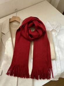 New Solid Color Scarf, Unisex Warm Knitted Tassel Long Scarf, Thick Boyfriend Style Neck Warmer, Suitable For Spring, Autumn And Winter - Burgundy - View 6