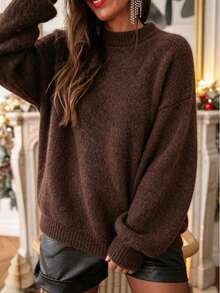 Plus Size Autumn/Winter New Solid Color Minimalist Round Neck Long Sleeve Casual Slouchy Women's Knit Sweater, Chocolate Brown Fashion Loose Commuter Pullover - Brown - View 3
