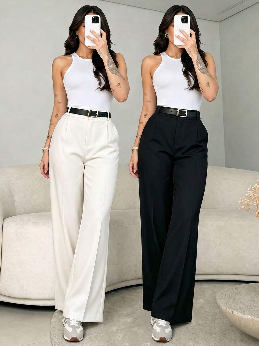 女款高腰修身寬腿褲 2件/套 | 波希米亞街頭風 | 適合春夏休閒、辦公通勤與度假 (不含腰帶) - 黑與白 - 查看 1