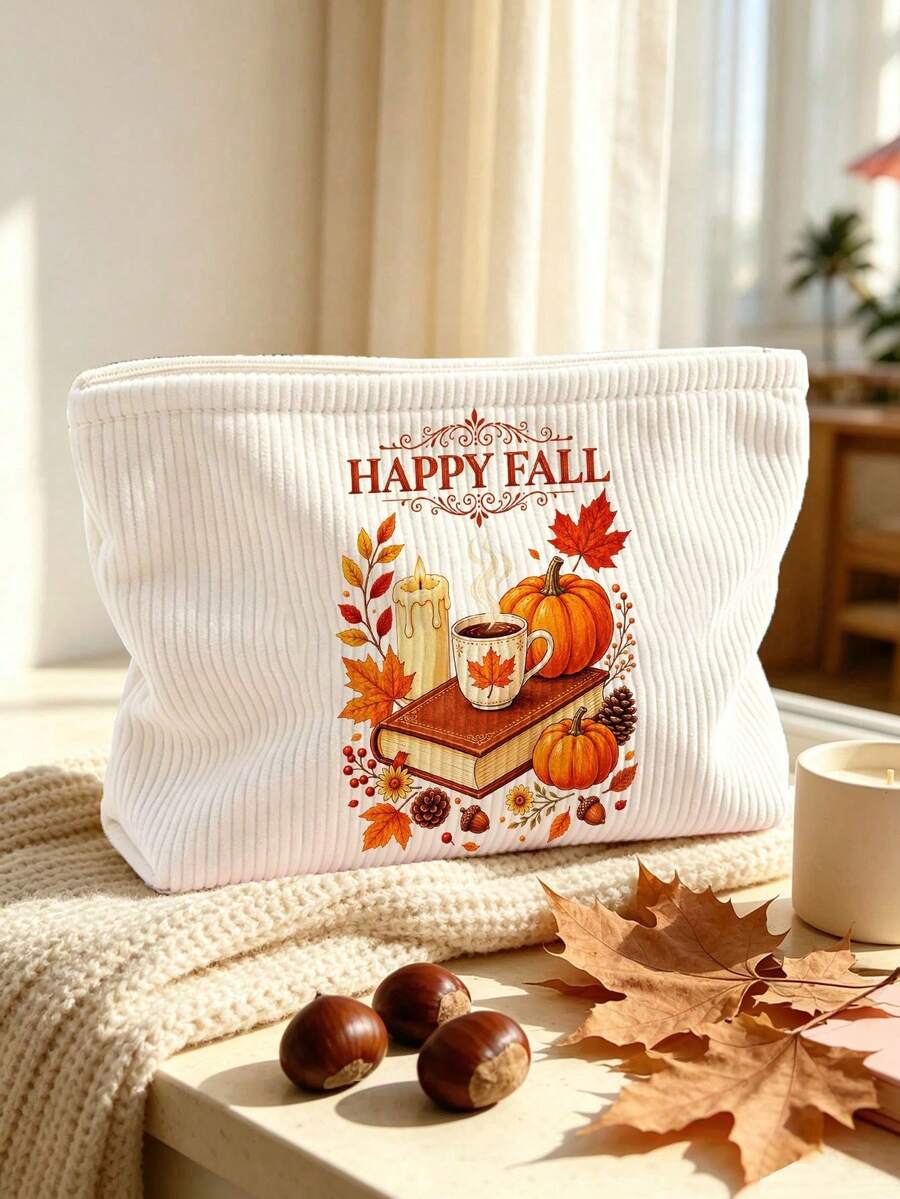 New Autumn Printed Pattern Makeup Bag | French Printed Travel Organizer | Travel Essentials | Poolside Must-Have | Toiletry Bag | Pool Storage Bag | Mother's Day Gift | Teacher's Day Gift | Suitable For Moms, Teachers, Friends And Nurses | Home Essentials | Graduation Gift | Easy To Clean Design | Portable Makeup Bag - Multicolor - View 1