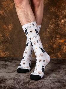 1/3 Pairs Street Style Jacquard Mid-Calf Socks, Black Cat & Skull Cute Quirky Creative Design, Fun Halloween Gift - Multicolor - View 2
