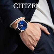 CITIZEN Men's Automatic Mechanical Watch Silver Case Sunburst Blue Dial Date Window Black Croc-Embossed Leather Strap Classic Business Men Watch - Black - View 5