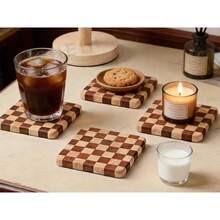 1PC/2PCS/3PCS/4PCS Checkerboard Solid Wood Coffee Coasters, Creative Square Coasters, Antibacterial And Mildew-Proof Household Heat Insulation Pads, Tea Trays, Cake Trays, Tea Coasters, Small Trays Suitable For Home, Office, Teahouse Use - Multicolor - View 3