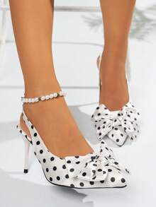 Black Fine High Heel Open-Toe Sandals For Women With Polka Dot Bow Decor, Fashionable Sweet Everyday Versatile Pointed Toe Back Straps Design - White - View 1
