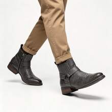 Men Vintage Black Distressed Leather Short Boots, Western Embroidery Buckle Strap Low Heel Daily Wear Ankle Boot - Grey - View 3