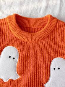 Boys Cute Solid Color Ghost Embroidered Knit Pullover Sweater Long Sleeve Suitable For School Daily Wear Spring Autumn Winter - Orange - View 4
