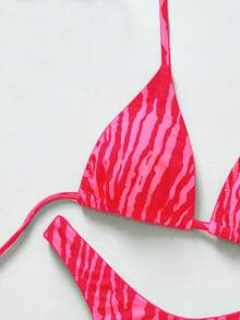 Women's Basic Striped Print Swimsuit, Suitable For Various Occasions From Pool To Beach In Summer, Daily Mini Triangle Bikini Beach Outfit Vacation - Hot Pink - View 5