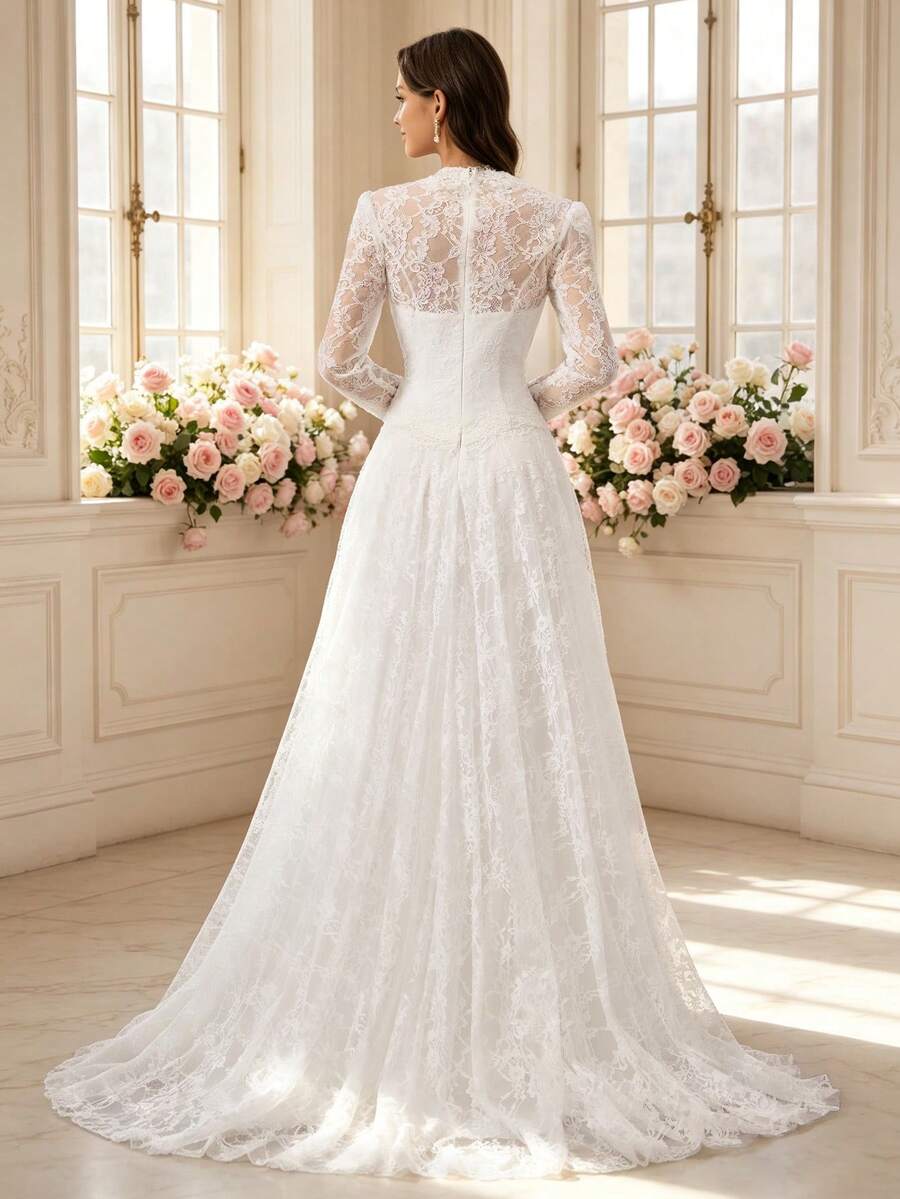 Elegant White Lace Wedding Dress With Train - White - View 1