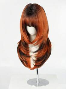 22Inch Orange Black Ombre Medium-Length Wig With Bangs For Women, Dark Roots Soft Heat-Resistant Full Machine Synthetic Straight Wigs For Party Cosplay Halloween Wear, Music Festivals Celebrations Use For Daily Party Use Or Treat Wear Beginners - Multicolor - View 7