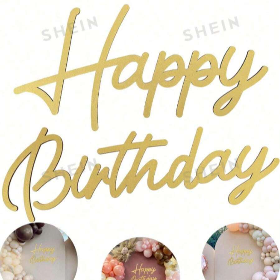 Happy Birthday Wooden Sign, White Hollow Wooden Happy Birthday Letter Sign, Vintage Rustic Style Birthday Party Decoration Background Wall Photo Prop (Gold) - A - View 1