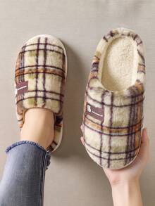 Vintage Plaid Men's Winter Plush Slippers, Comfortable Warm Unisex Indoor Slippers - Purple - View 6