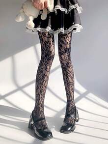 STAR RIVER Vintage White Lace Tights, Hollow Floral Fishnet Stockings Y2K Lolita - Multicolor - View 11