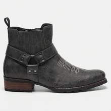 Men Vintage Black Distressed Leather Short Boots, Western Embroidery Buckle Strap Low Heel Daily Wear Ankle Boot - Grey - View 7