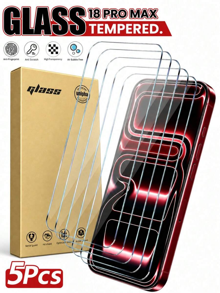 5 Packs 9H Tempered Glass Screen Protector Compatible With Iphone 18 Pro Max/18 Pro/18/17 Pro Max/17 Pro/17 Air/17/16 Pro Max/16 Pro/16 Plus/16/15 Pro Max/15/14/13/12, HD Clear, Scratch-Resistant, Full Coverage, Bubble-Free Easy Installation - Clear - View 1