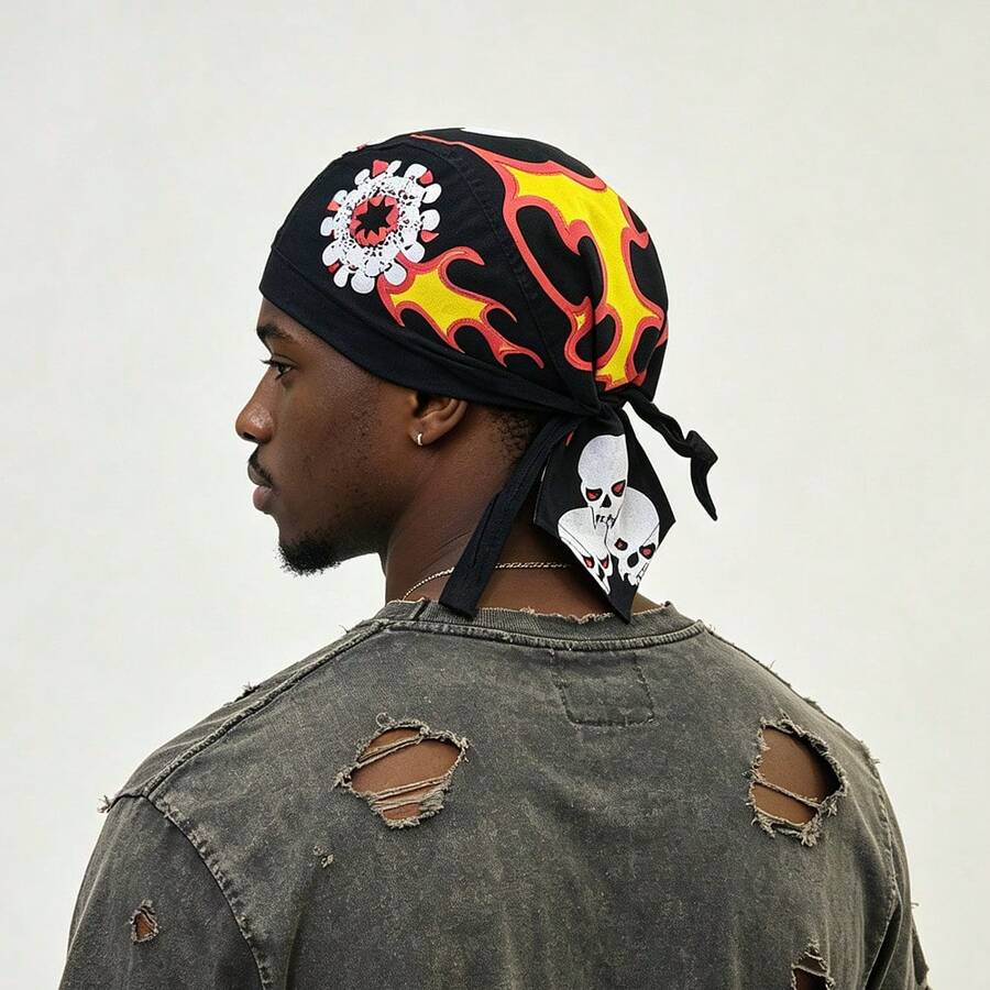 European And American Style Skull Print Pirate Bandana Hat, Hip Hop Personalized Headwrap Cap, Versatile Sports Cycling Hat, Unisex - Skull Flame - View 1