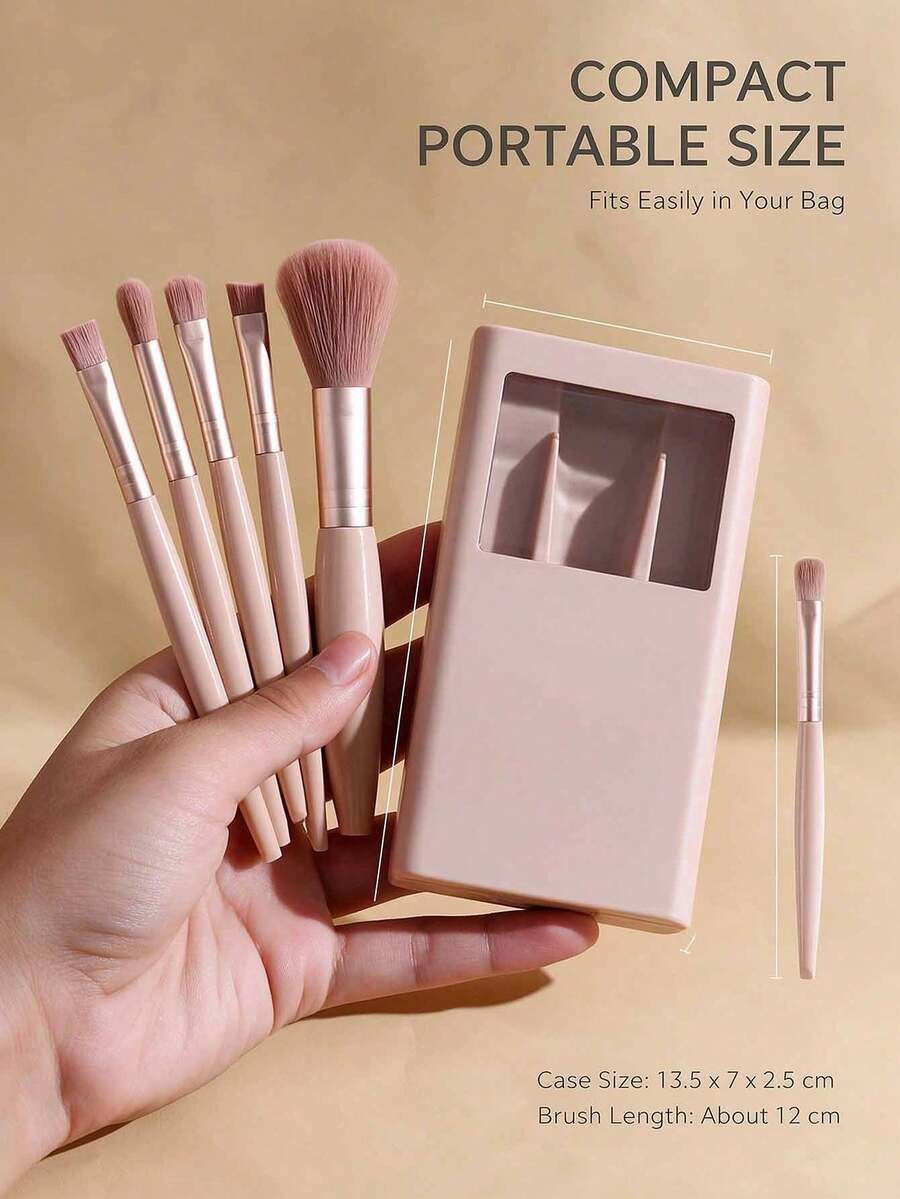 5PCS Rose Gold Soft Fluffy Makeup Brush Set With Portable Mirror, Soft Bristles Skin-Friendly, Includes Multiple Makeup Tools, Easy To Store And Carry, Suitable For Daily Makeup, Also Perfect As Exquisite Gift For Halloween And Christmas