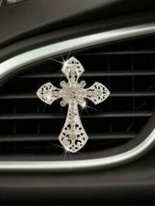 1pc Metal Cross Car Air Vent Perfume Clip Rhinestone Cross Car Decoration Perfume Car Accessory - A - View 4