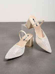 Women's Plus Size Beige Pointed Toe Mesh Slingback High Heels, See-Through Mesh Abstract Line Embroidery Slingback Pumps, Elegant See-Through Upper Fashion Shoes, Suitable For Wedding, Party, Date, Spring/Summer Outfits - White Branch - View 2