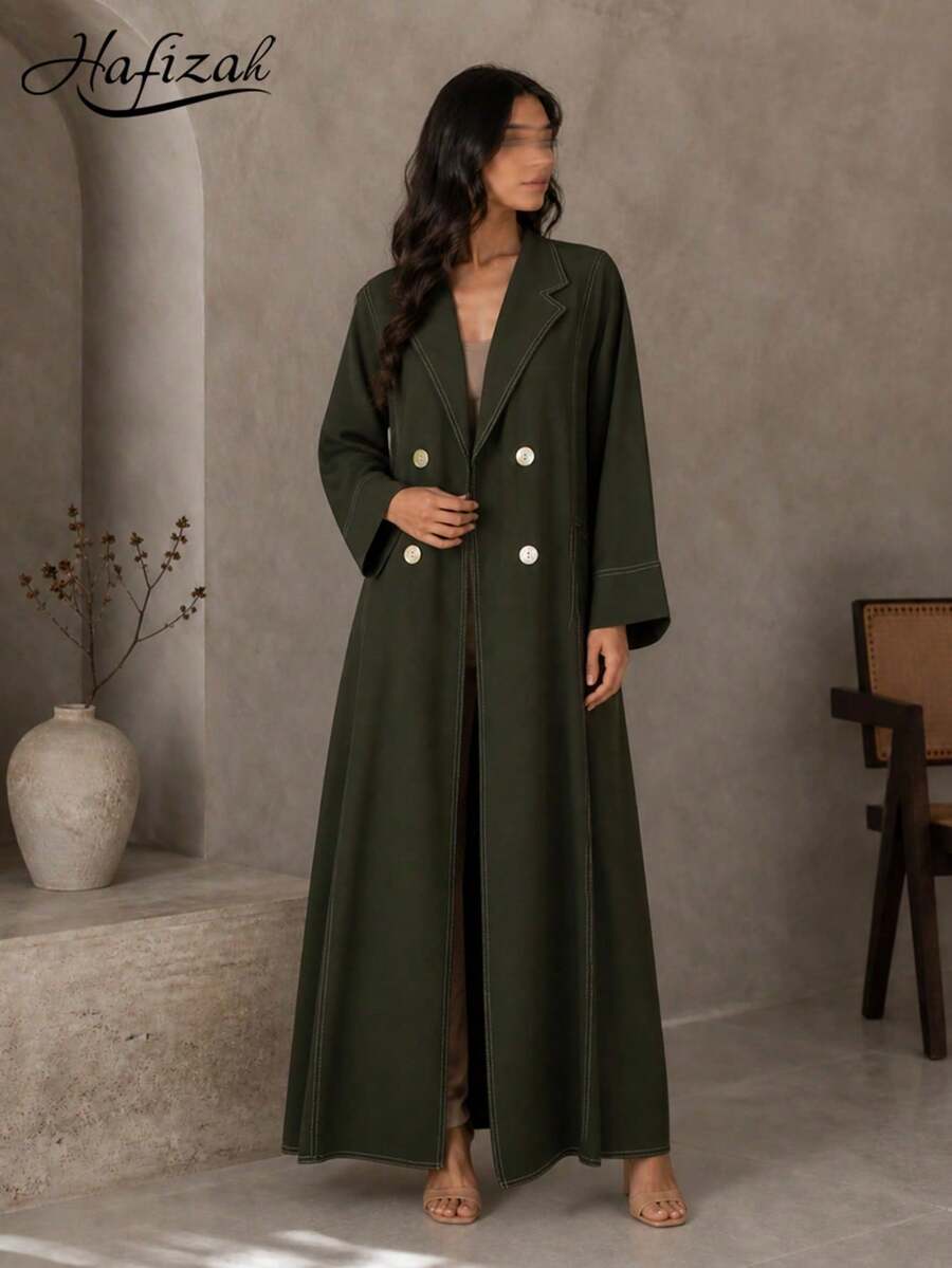Women's Green Long Sleeve Long Woven Fabric Robe, Decorated With White Stitching, Suitable For Daily Wear - Army Green - View 1