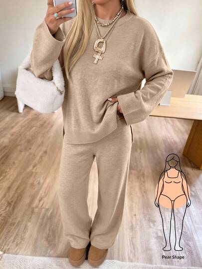 Women's Plus Size Solid Color Knit Set, Long Sleeve Knit Top + Loose Pants 2-Piece Set, Soft Comfortable Casual Loungewear, Suitable For Daily Wear, Autumn/Winter