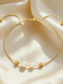 1pc Elegant Fashion Faux Pearl Beaded Adjustable Bracelet, Minimalist Women's Accessory Gift - Gold - View 1