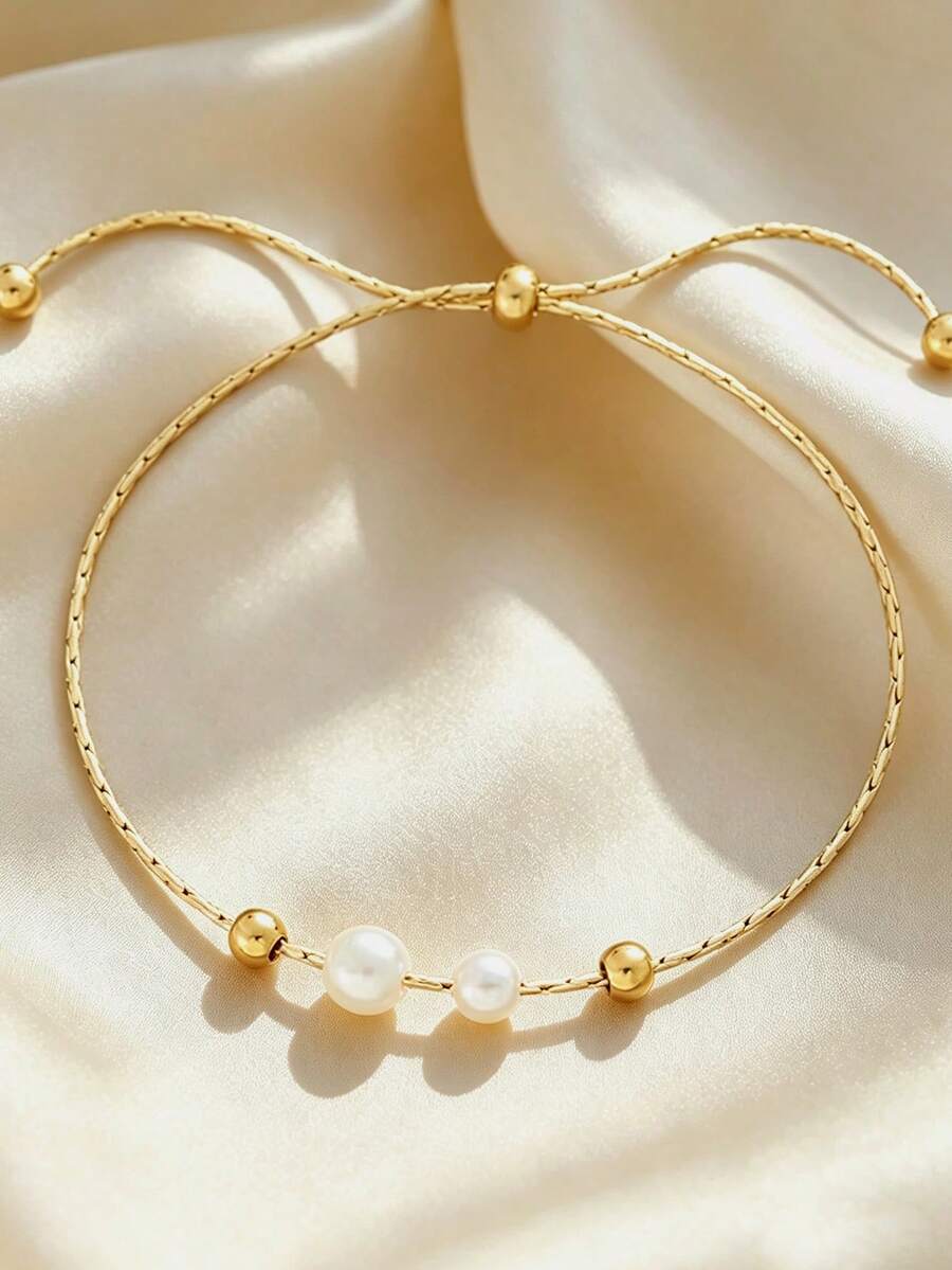 1pc Elegant Fashion Faux Pearl Beaded Adjustable Bracelet, Minimalist Women's Accessory Gift - Gold - View 1