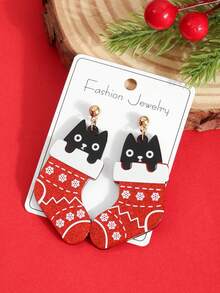 1 Pair Black Cat Acrylic Christmas Socks Earrings, Fun Cartoon Snowflake Christmas Theme Dangle Earrings For Holiday Party - Multicolor - View 3