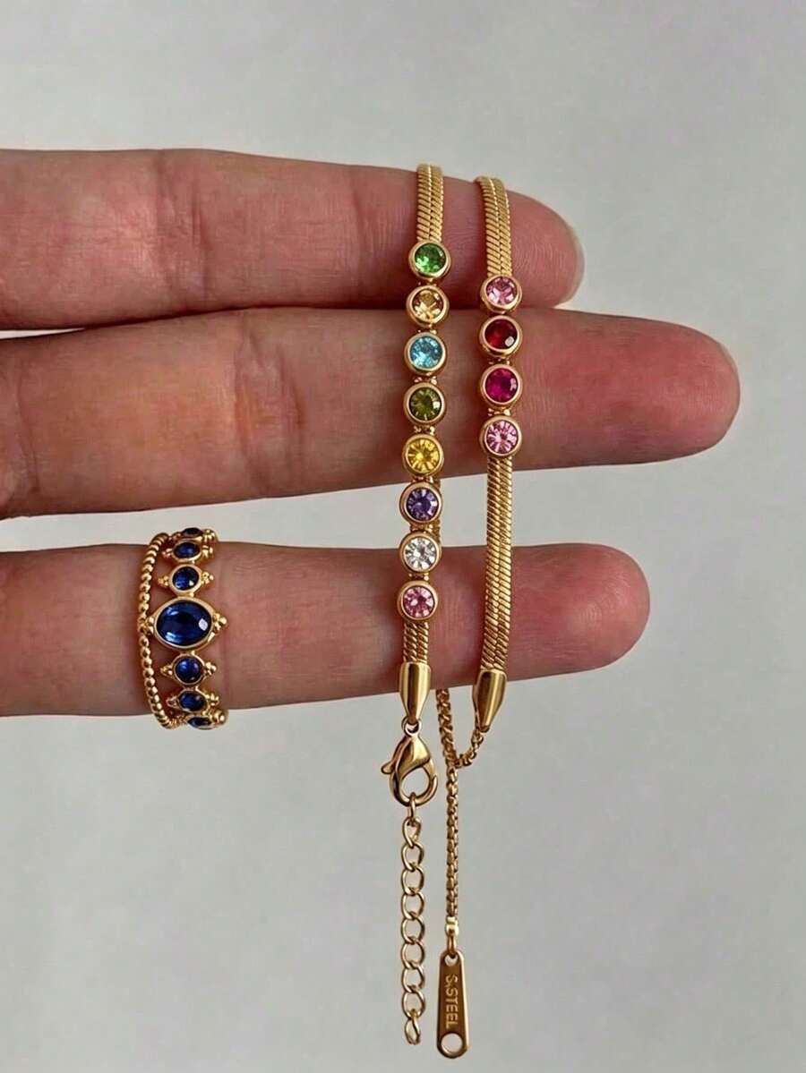 Camhanno 復古彩虹水晶珠寶套組,彩色鋯石魚骨紋手鍊,鍍金藍色寶石開口戒指,優雅女士禮品飾品 - 多色款式1 - 查看 1