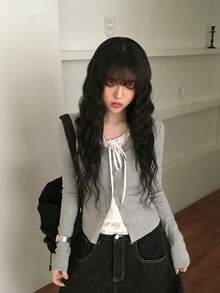 Casual Lace Patchwork 2 In 1 Bowknot Long Sleeve Women's Top Autumn - Grey - View 5