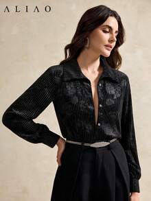 Women's Autumn/Winter 3D Floral Velvet Long Sleeve Blouse, Suitable For City Commuting - Black - View 2