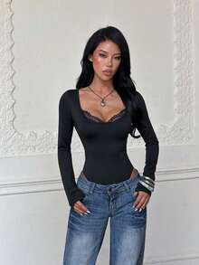 Women's Autumn Black Lace Trim Fitted Long Sleeve Bodysuit, Suitable For Commuting, Daily Wear, Dating, Party, Night Out, Holiday - Black - View 3