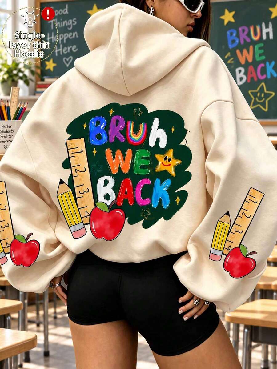 "Bruh We Back" Blackboard Pencil Apple Pattern Sweatshirt, Vintage Colorful Letter Casual Street Style Sweatshirt, Autumn/Winter Essential - Apricot - View 1