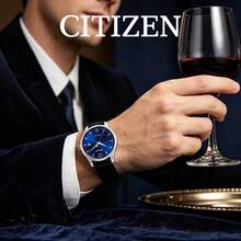 CITIZEN Men's Automatic Mechanical Watch Silver Case Sunburst Blue Dial Date Window Black Croc-Embossed Leather Strap Classic Business Men Watch - Black - View 1