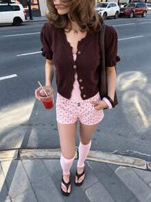 Fall/Winter Brown Short Sleeve Cardigan, Elegant Vintage Fashion Single-Breasted Knit Top - Brown - View 8