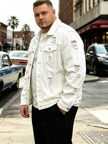 Men's Oversized Denim Jacket White Ripped Distressed Trucker Coat - White - View 4