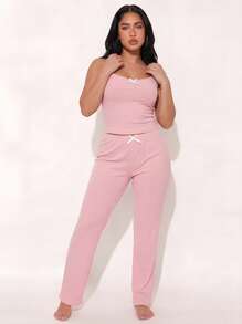 Sweet & Cute Women's Pajama Set, Backless Bow Camisole + Long Pants, Ribbed Knit Elastic Soft Pink Eye-Catching Campus - Pink - View 8