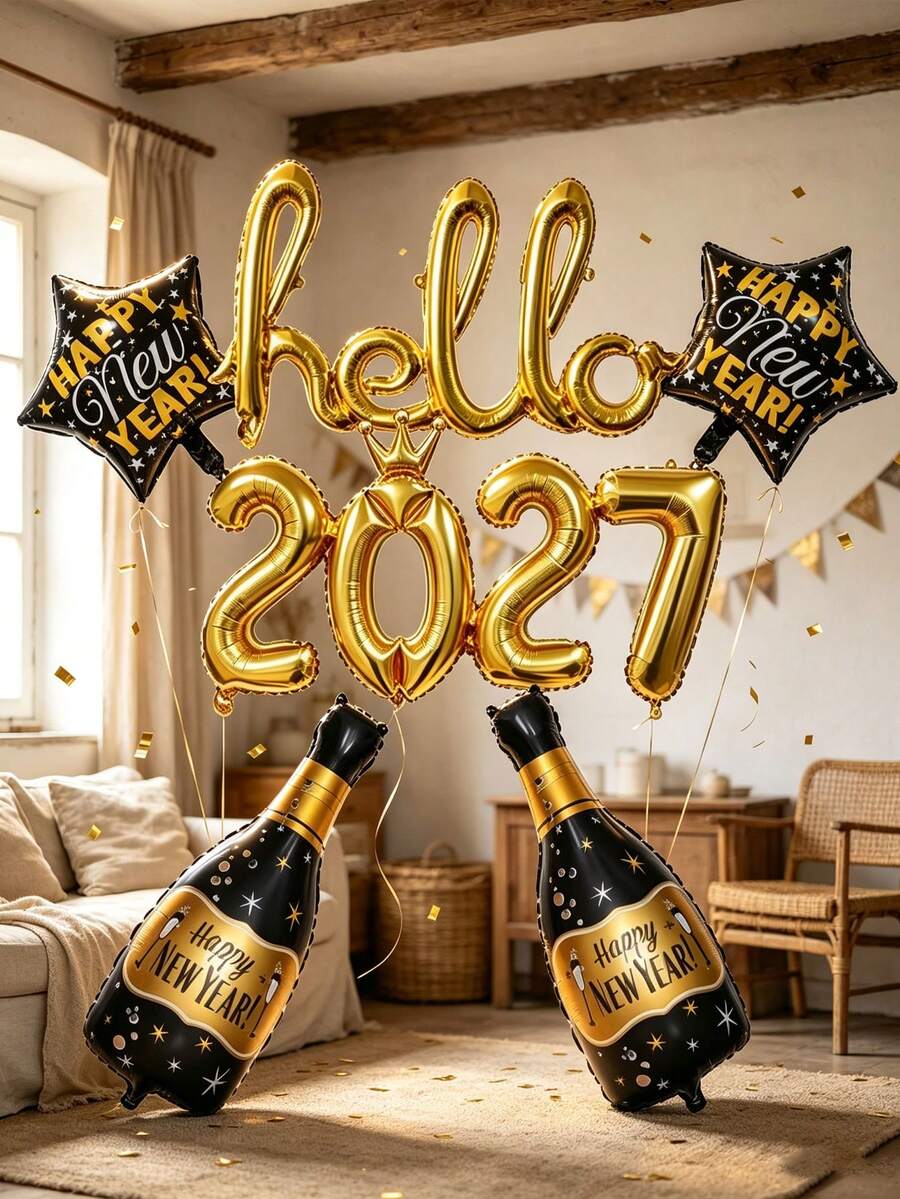 A Set Of 2027 New Year Balloon Kit, Including Letter, Number, Star And Champagne Bottle Balloons, Suitable For New Year's Eve Celebration Decorations, Party Backdrop Decor And Other Occasions. - View 1