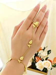 1 Set Gelang dan Cincin Mawar untuk Wanita, Rantai Jari dan Tangan Stainless Steel, Perhiasan Tangan Motif Bunga, Hadiah untuk Pesta Sehari-hari - Berbagai gaya - View 1
