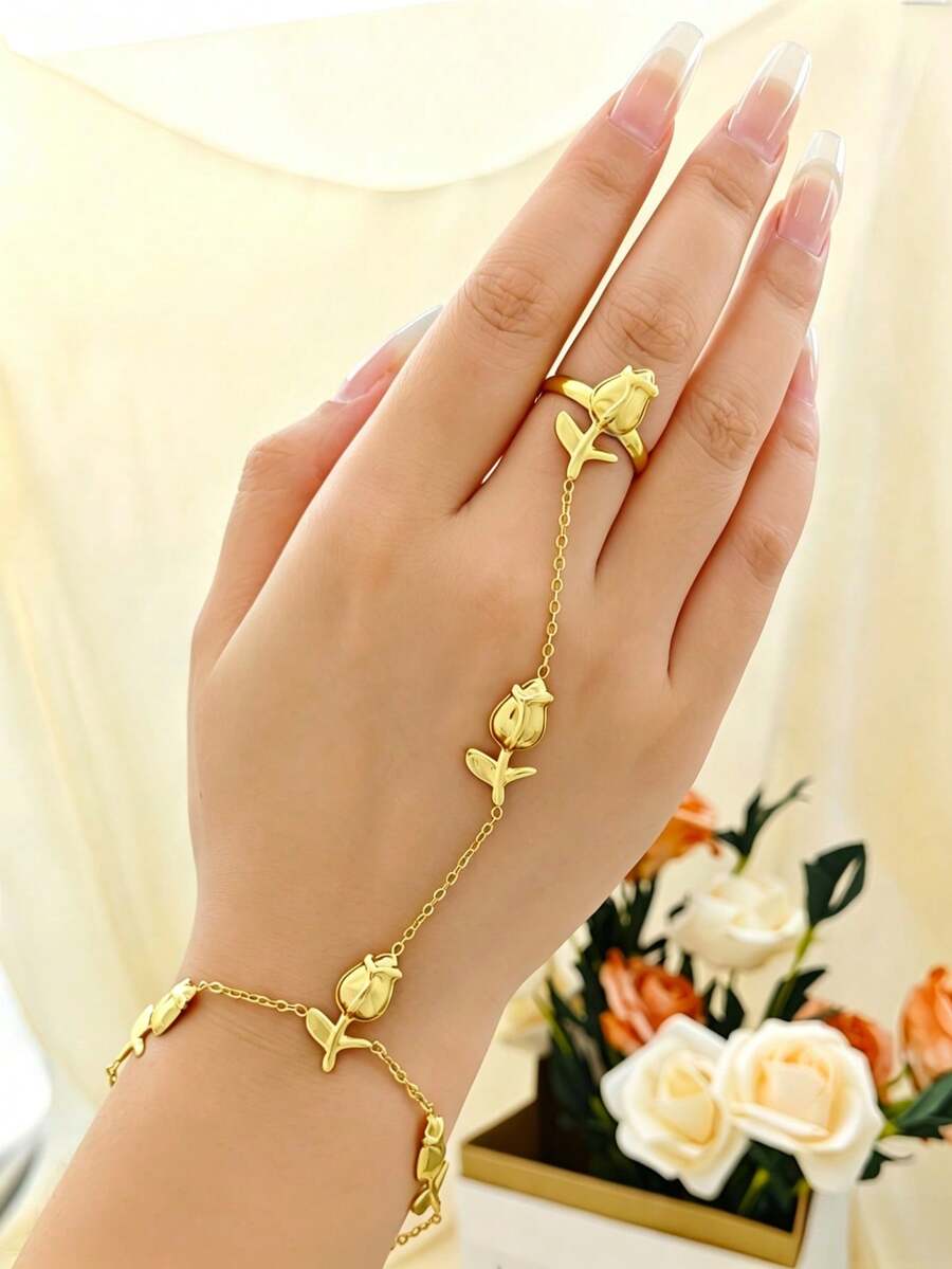1 Set Gelang dan Cincin Mawar untuk Wanita, Rantai Jari dan Tangan Stainless Steel, Perhiasan Tangan Motif Bunga, Hadiah untuk Pesta Sehari-hari - Berbagai gaya - View 1