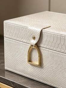 Bộ 2 hộp đựng trang sức PU vân nổi lớn và nhỏ, khung MDF lót nhung, tay cầm khóa gài hình bàn đạp màu vàng, hộp lưu trữ trang sức sang trọng cho phòng ngủ, bàn trang điểm, trang trí phòng, quà cưới - Màu be - Xem 5