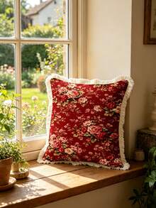 1PC Countryside Floral Print Pillow Cover With Tassel Border, Double-Sided Decorative Pillowcase, Red Peony Pattern, Home Decoration, Sofa, Bed, Bedroom(Excluding Pillow Core)-Size Excludes 3cm Tassels - Multicolor - View 8