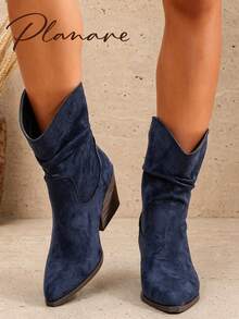 Women's Fashion Blue Suede Ruched Mid-Calf Boots, Slip-On Pointed Toe Chunky Heel Western Riding Boots, Autumn Wrinkled High Heel Long Boots, Slouchy - Blue - View 5
