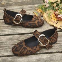 Women's Vintage Leopard Print Round Toe Mary Jane Shoes With Metal Buckle Strap, French Style Daily Commute Autumn Brown Suede Ballet Shoes - Brown - View 8