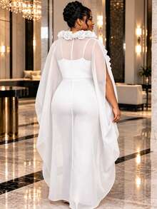 African Women Plus Size White Loose Fit Sheer Sash Ruffle Sleeveless Kaftan Cape With Drawstring Formal Occasion Party Outfits - White - View 4
