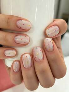 24Pcs Hand‑Finished Short Square Press On Nails Fake Nails, Delicate Dot Print Sheer Glossy Full Coverage Nail Tips, Reusable Manicure For Daily Wear Dating Casual Social Occasions - Multicolor - View 7