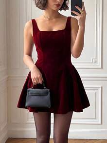 French Elegant Daily Romantic Date Holiday Formal Evening Christmas Party Dress, Velvet Retro Backless Waist Cinched Mini Dress Summer - Burgundy - View 7